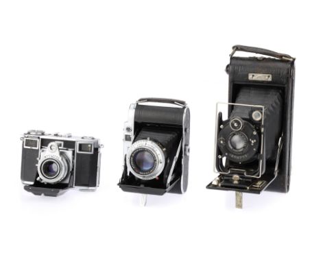 A Selection of Three Folding Cameras of Various Formats comprising a Zeiss Ikon Contessa 533/24 rangefinder 35mm camera, 1950