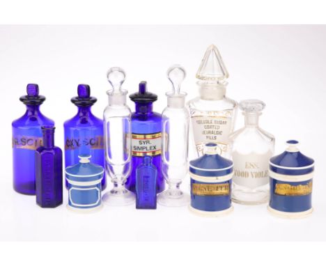 A Collection of Apothecary Bottles &amp; Jars, Comprising of 3 Bristol blue syrup bottles with peg stoppers, 3 ceramic blue j