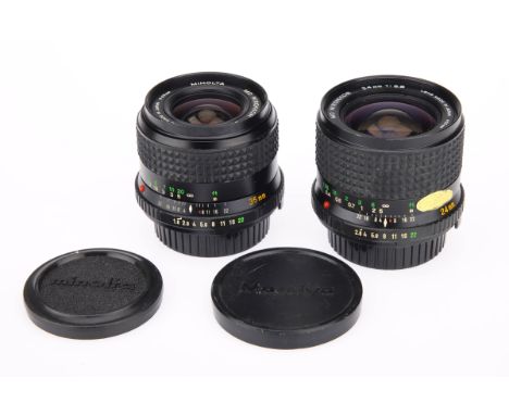 Two Minolta MD Camera Lenses, including Minolta W.Rokkor f/1.8 35mm lens and Minolta W.Rokkor f/2.8 24mm lens, bodies overall