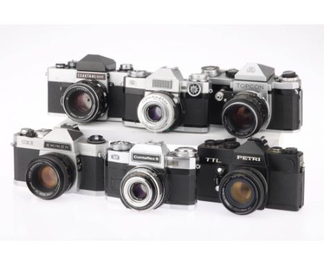 A Selection of Six 35mm SLR Cameras comprising an Exakta RTL1000 camera with a Pentacon Auto f/1.8 50mm lens, a Chinon CX II 