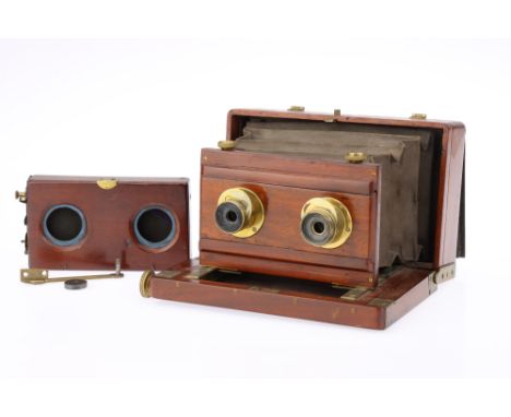 An Unmarked Mahogany &amp; Brass Stereo Camera, with two unmarked stereo rotary Waterhouse stop lenses, body, G, support stru