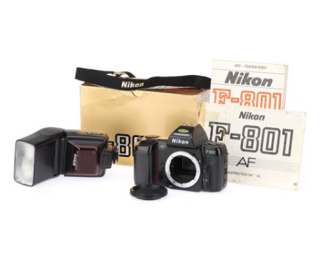 A Nikon F-801 AF SLR Body black, 1988, serial no.2247248, no battery compartment cover, for parts only, A/F, with body cap, i