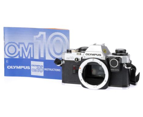 An Olympus OM10 SLR Camera Body, chrome, with Manual Adapter, body, G, shutter working, complete with instructions IR806308