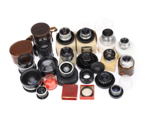 A Selection of Enlarging and Other Lenses comprising an El-Nikkor f/4 50mm lens, a Taylor-Hobson Ental II f/4.5 6in. lens, a 