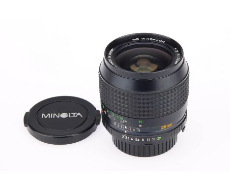 A Minolta MD W.Rokkor f/2 28mm Lens, black, serial no. 1204037, body, VG, elements, VG