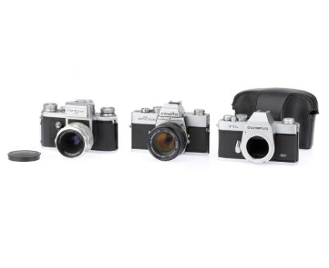 A Selection of Three SLR Cameras comprising a Pentacon FB camera, chrome, serial no.451600, with a Carl Zeiss Jena Tessar f/2