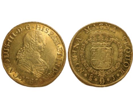 Foreign Coins, Chile, Charles III, gold 8 escudos, 1761-J, Santiago, wigged bust r., rev. crowned arms (KM.20; Fr.9; CT.176),