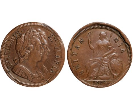 British Coins, William and Mary, proof halfpenny, 1694, struck in copper, conjoined busts r., he in armour, rev.  Britannia s