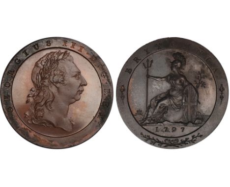 British Coins, George III, pattern penny, 1797, struck in bronzed copper, W. J. Taylor restrike, laur. head r., rev. Britanni