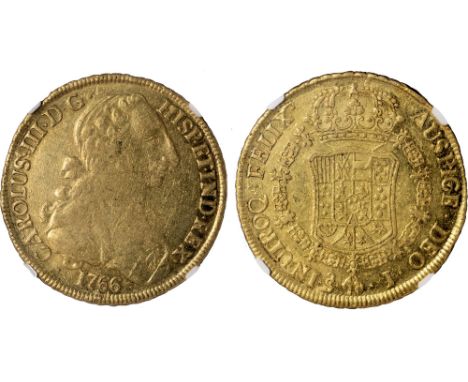 † Foreign Coins, Chile, Carlos III, 8 escudos, 1766J, Santiago, bust to r., rev. crowned arms (KM.25; Fr.11), certified and g