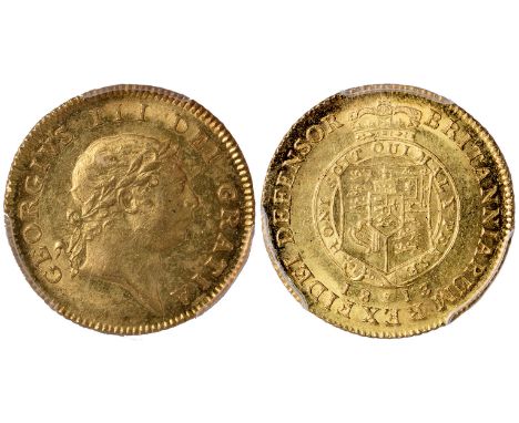 G British Coins, George III, half guinea, 1813, seventh laur. head r., rev. crowned shield of arms within Garter (S.3737), ce