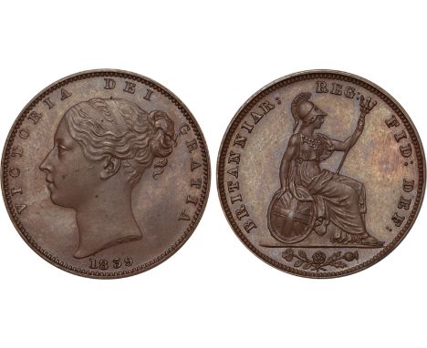 British Coins, Victoria, proof copper farthing, 1839, truck en médaille in bronzed copper, young head l., rev. Britannia seat