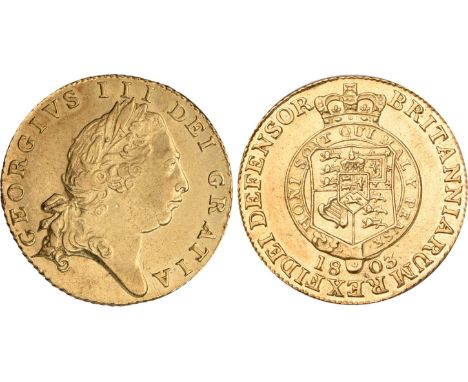 G British Coins, George III, half guinea, 1803, sixth laur. head r., rev. crowned shield of arms within Garter (S.3736), good