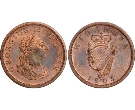 Irish Coins, Ireland, George III, proof penny, 1805, struck in copper, Soho mint coinage, laureate and draped bust r., rev. c