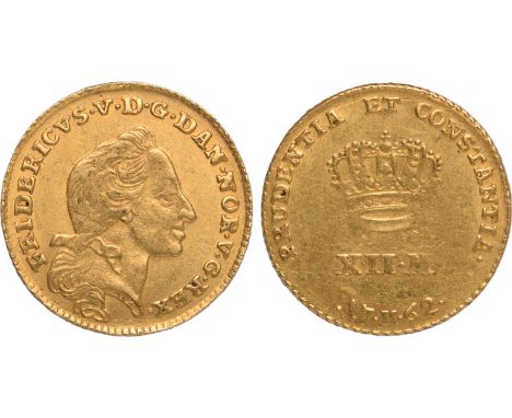 Foreign Coins, Denmark, Frederik V, 12 mark, 1762W/K, bare head r., rev. crown above value and date (KM.587.5), very fine or 