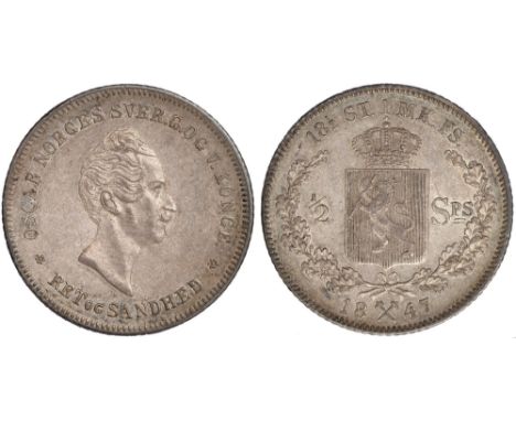 Foreign Coins, Norway, Oscar I, ½ speciedaler, 1847, bare head r., rev. crowned arms within wreath (KM.316), toned, about ext