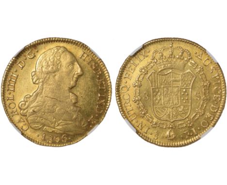 Foreign Coins, Chile, Carlos IV, 8 escudos, 1806FJ, Santiago, 6 over 5, laur. bust r., rev. crowned arms within chain (KM.54;