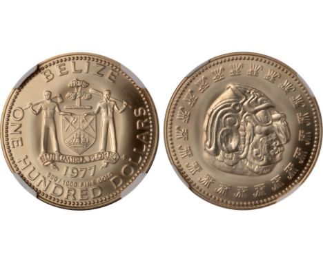 Foreign Coins, Belize, Elizabeth II, gold 100 dollars, 1975, Kinich Ahau - Mayan sun god, issued by the Franklin Mint, matt s