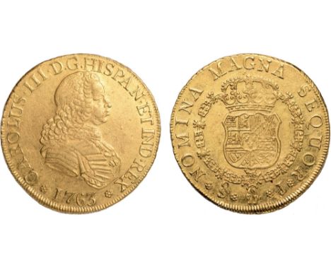 † Foreign Coins, Chile, Carlos III, 8 escudos, 1763J, Santiago, wigged bust to r., rev. crowned arms (KM.20; Fr.9), small met