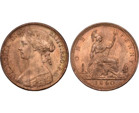 British Coins, Victoria, penny, 1860, toothed border, young bust l., signature on cape, colon dots : after G: of D: G: to a g