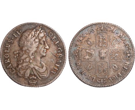 British Coins, Charles II, shilling, 1671, no stop after HIB, second laur. bust r., plume below, rev. crowned cruciform shiel