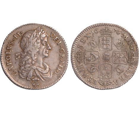 British Coins, Charles II, shilling, 1676, no stop after HIB, second laur. bust r., plume below, rev. crowned cruciform shiel