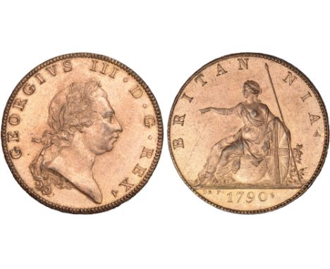 British Coins, George III, early Soho pattern halfpenny, 1790, by J.-P. Droz, struck in brown-gilt copper, long-haired laur. 