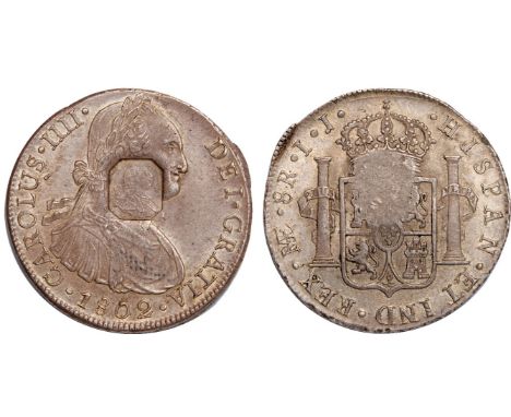 British Coins, George III, dollar, Peru 8-reales of Charles IV, 1802 IJ, Lima, octagonal countermarked on portrait of king (B