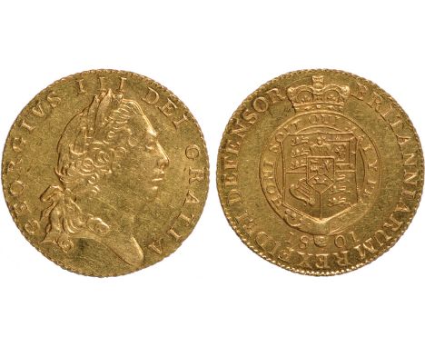 G British Coins, George III, half guinea, 1801, sixth laur. head r., rev. crowned shield of arms within Garter (S.3736), abou