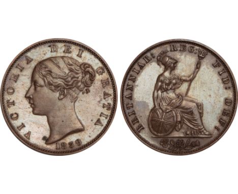British Coins, Victoria, proof copper halfpenny, 1839, struck en médaille in bronzed copper, young head l., rev. Britannia se