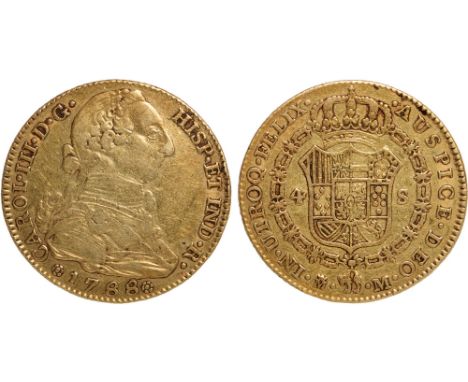 Foreign Coins, Spain, Carlos III, 4 escudos, 1788M, Madrid, bust r., rev. crowned arms within collar of Order (Fr.294; Cal.20