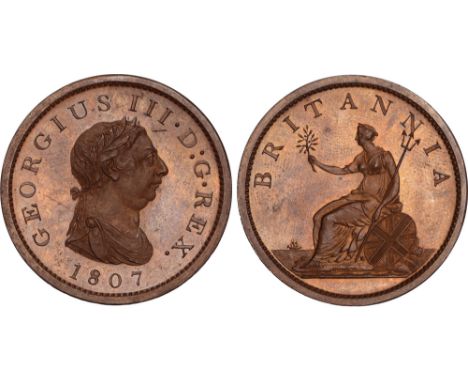 British Coins, George III, late Soho pattern penny, 1807, struck in bronzed copper, laur. bust r., rev. Britannia, with olive