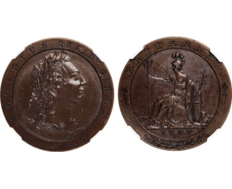 British Coins, George III, late Soho pattern penny, 1797, struck in bronzed copper, thin flan, laur. head r., rev. Britannia 