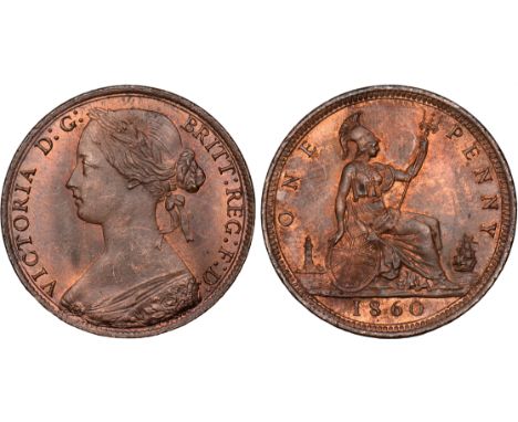 British Coins, Victoria, penny, 1860, toothed border, young bust l., signature below cape, colon dots : after G: of D: G: to 