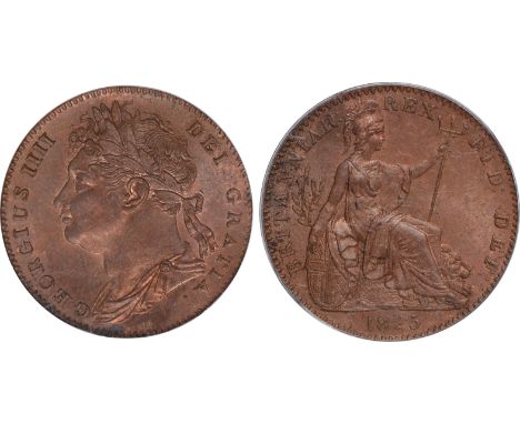 British Coins, George IV, first issue, copper farthing, 1825, D over U in DEI, laur. head l., rev. Britannia std. r., with sh