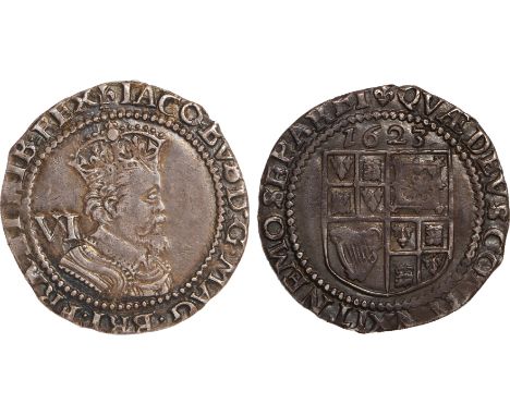 British Coins, James I, third coinage, sixpence, small flan, mm. lis, 1623, crowned sixth bust r., rev. shield of arms (S.267