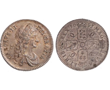 British Coins, Charles II, shilling, 1663, first laur. bust r., rev. crowned cruciform shields, interlinked Cs in angles, 6 s