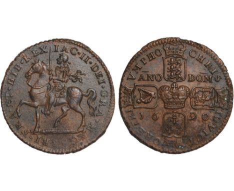 Irish Coins, Ireland, James II, Civil War Coinage, ‘gunmoney’ crown, 1690, equestrian portrait to l., rev. cruciform arms, en
