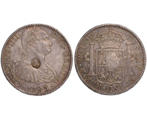 British Coins, George III, dollar, oval countermarked on portrait 8 reales of Charles IV, 1793FM, Mexico City (S.3765A; ESC.1