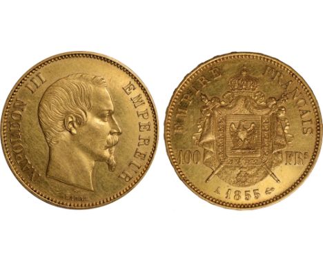 G Foreign Coins, France, Napoleon III, 100 francs, 1855-A, Paris, bare head to r., rev. arms (KM.786.1), about extremely fine