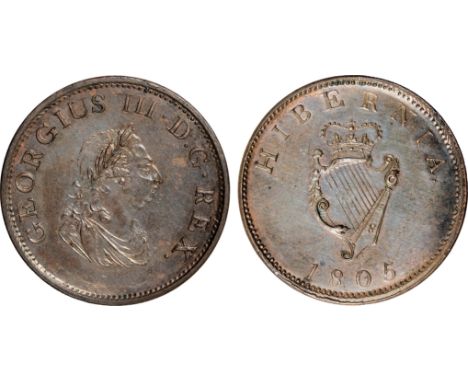 Irish Coins, Ireland, George III, halfpenny, 1805, laur. and dr. bust r., rev. crowned harp (S.6621), extremely fine