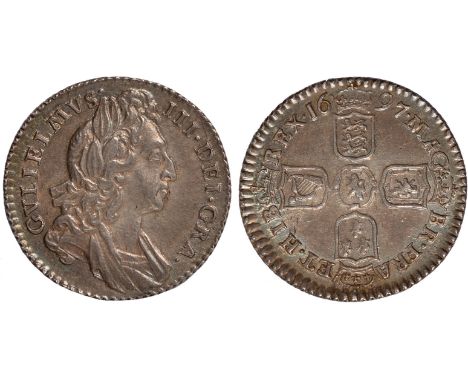 British Coins, William III, sixpence, 1697, first laur. and dr. bust r., rev. crowned cruciform shields, small crowns (ESC 12