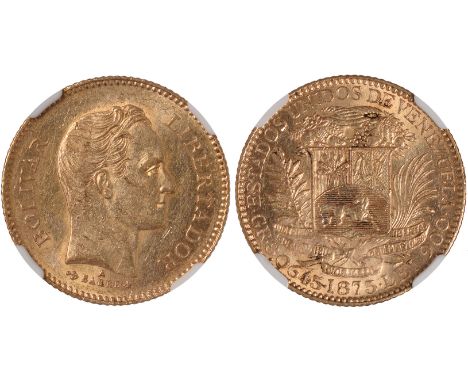 Foreign Coins, Venezuela, Republic, 25 bolivares (5 venezolanos), 1875A, Paris, head of Bolivar r., rev. arms (Y.17; Fr.4), c