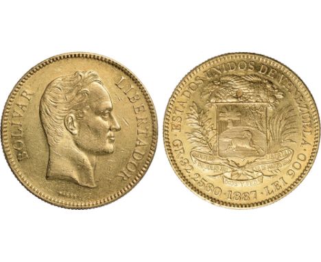 † Foreign Coins, Venezuela, Republic, 100 bolivares, 1887, head of Bolivar r., rev. arms (KM.Y34; Fr.2), heavily bag marked, 