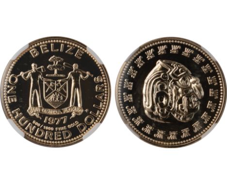 Foreign Coins, Belize, Elizabeth II, gold 100 dollars, 1975, Kinich Ahau - Mayan sun god, issued by the Franklin Mint, uncirc