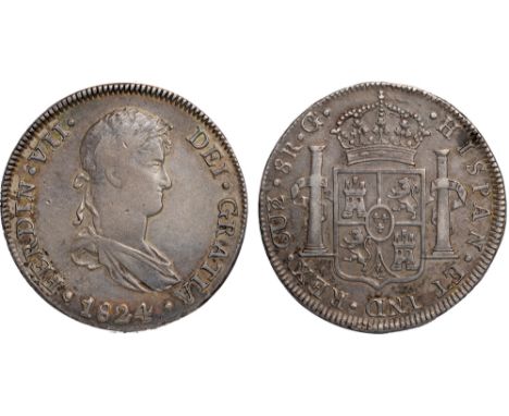 Foreign Coins, Peru, Ferdinand VII, 8 reales 1824G over T, Cuzco mint, bust to r., rev. crowned arms between pillars (KM.117.