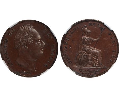 British Coins, William IV, proof copper farthing, 1831, struck en médaille in bronzed copper, bare head r., rev. Britannia se