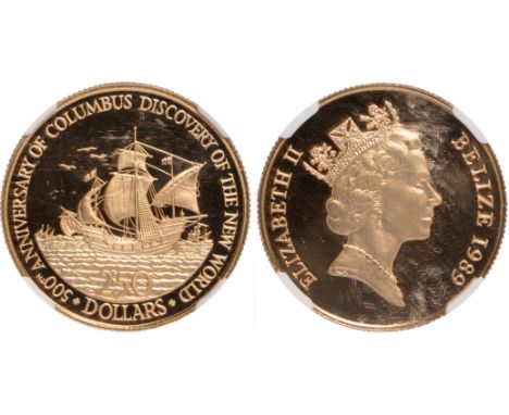 Foreign Coins, Belize, Elizabeth II, proof gold 250 dollars, 1989, 500th anniversary of Columbus’s discovery of America, issu