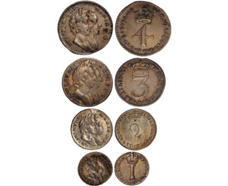 British Coins, William and Mary, Maundy set, 1694, the penny HI for HIB, conjoined laur. busts r., rev. crowned mark of value