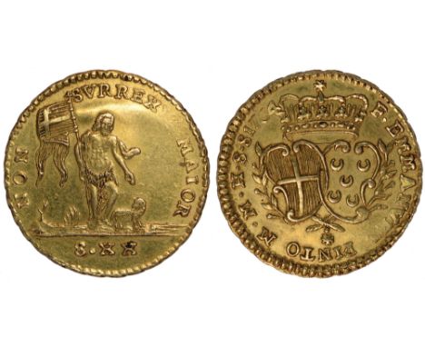 Foreign Coins, Malta, Emmanuel Pinto, 20 scudi, 1764, crowned conjoined coat of arms, rev. St. John standing, Paschal lamb at
